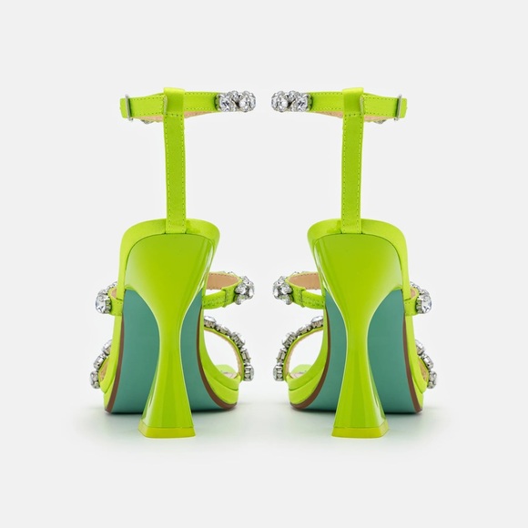 Betsey Johnson SB-Perry Citron Rhinestone Lime Green Buckle Strap Flare Heels - Picture 3 of 10